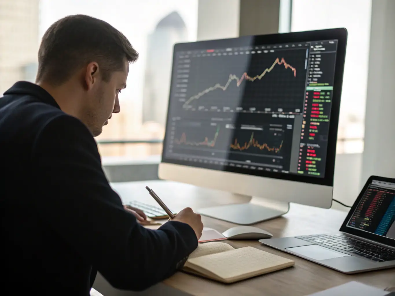 An investor analyzing data and charts related to sustainable investment opportunities, with a focus on identifying high-potential assets and capital ventures.