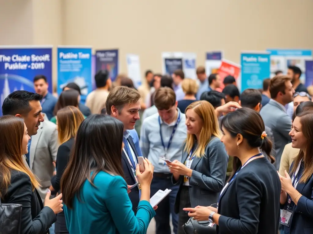 A diverse group of professionals networking at a sustainable business summit, exchanging business cards and engaging in conversation, with a focus on collaboration and partnership opportunities.