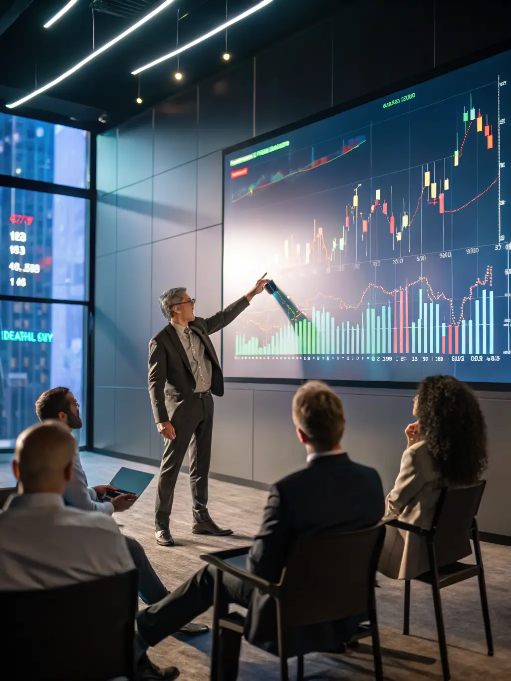 A speaker presenting financial growth data and investment strategies on stage at the Sustainable Business Summit, with attendees taking notes.